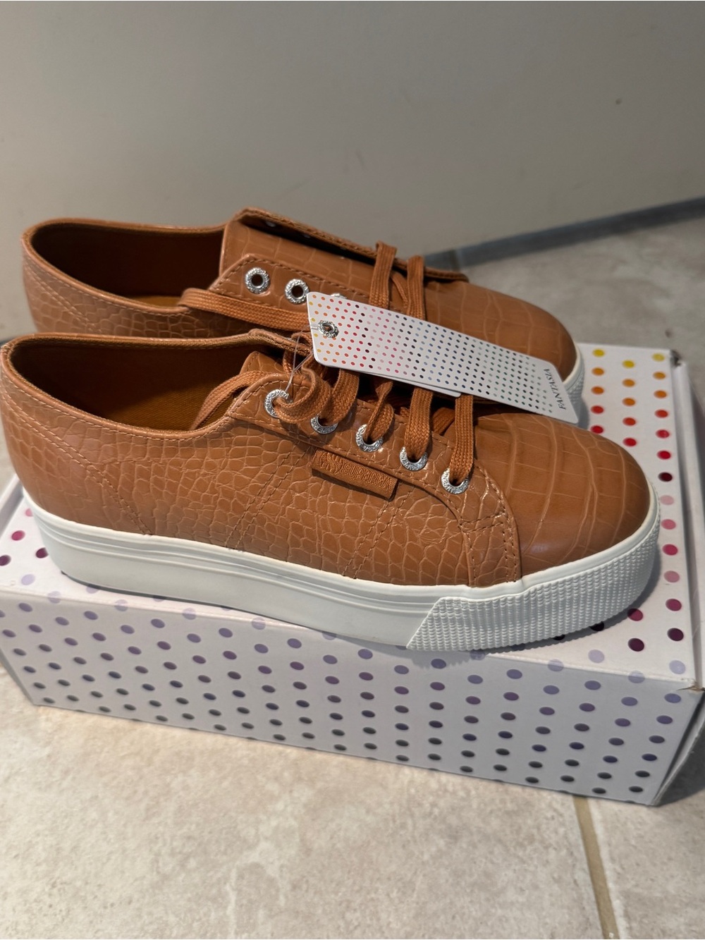 Superga Cognac Brown Faux-Croc Platform Sneakers